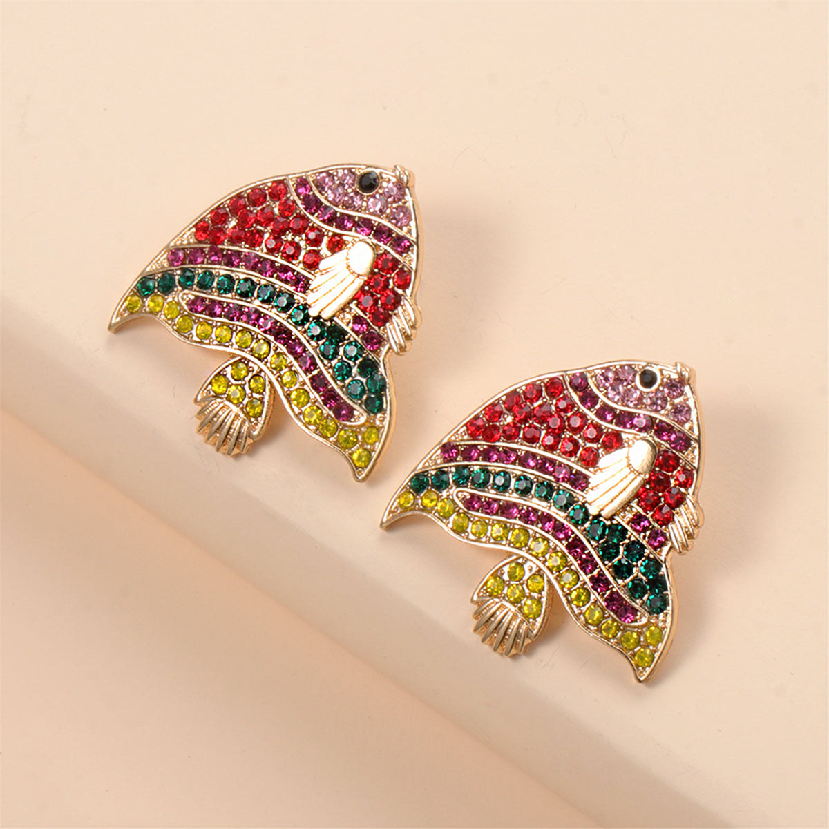 Red & Green Cubic Zirconia Fish Stud Earrings