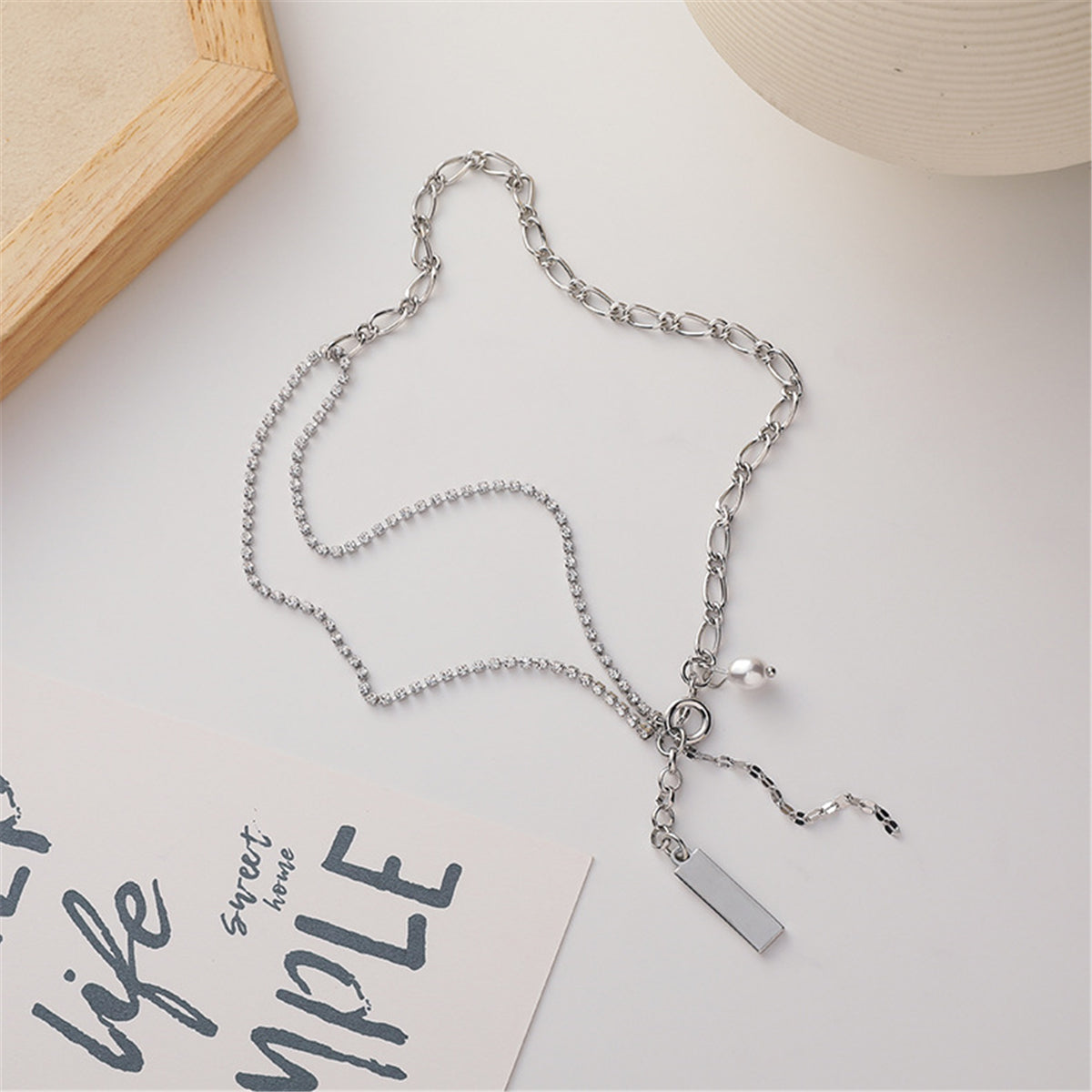 Pearl and Silver-Plated Figaro Chain Lariat Necklace, silver pendant necklace for women, everyday style, styled look