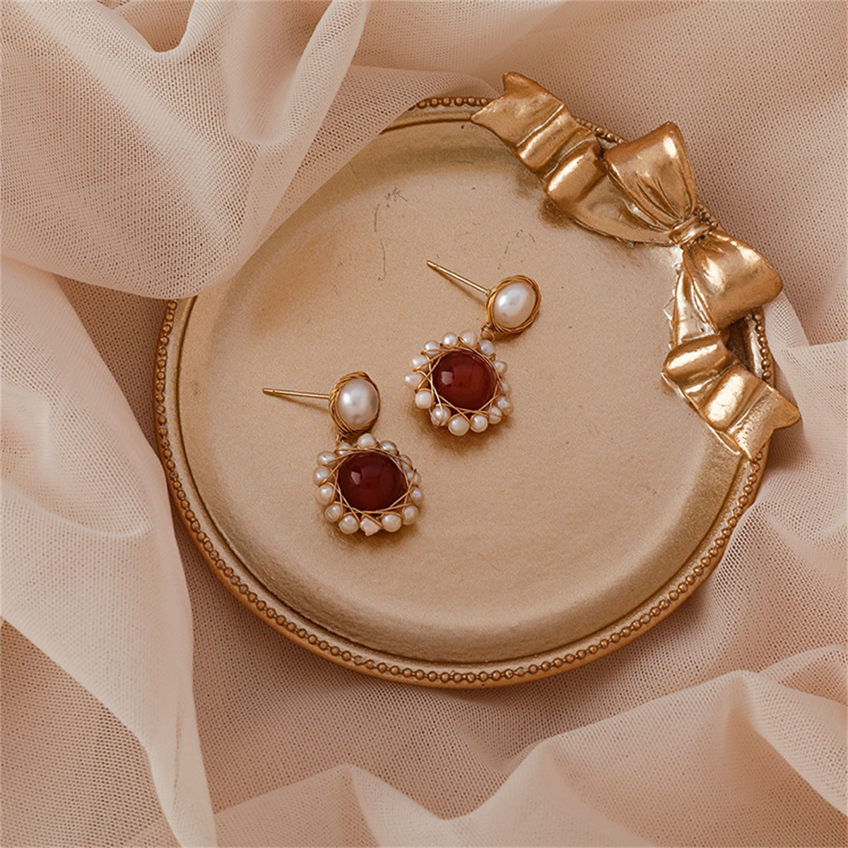 Red Agate & Pearl 18K Gold-Plated Entangled Drop Earrings