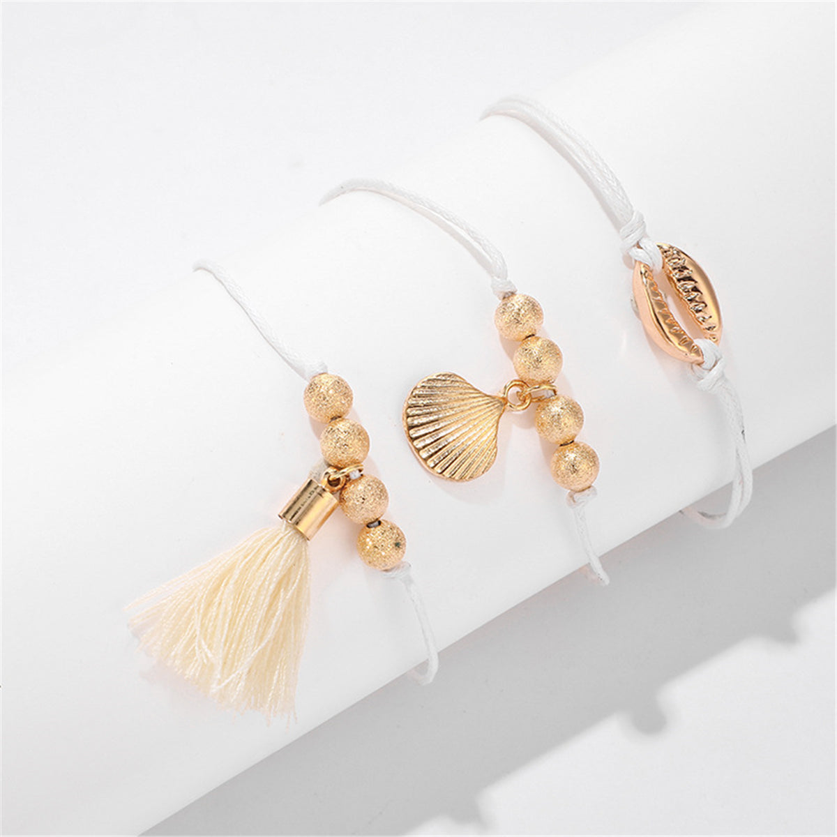 White Polyster & 18K Gold-Plated Shell Charm Anklet Set