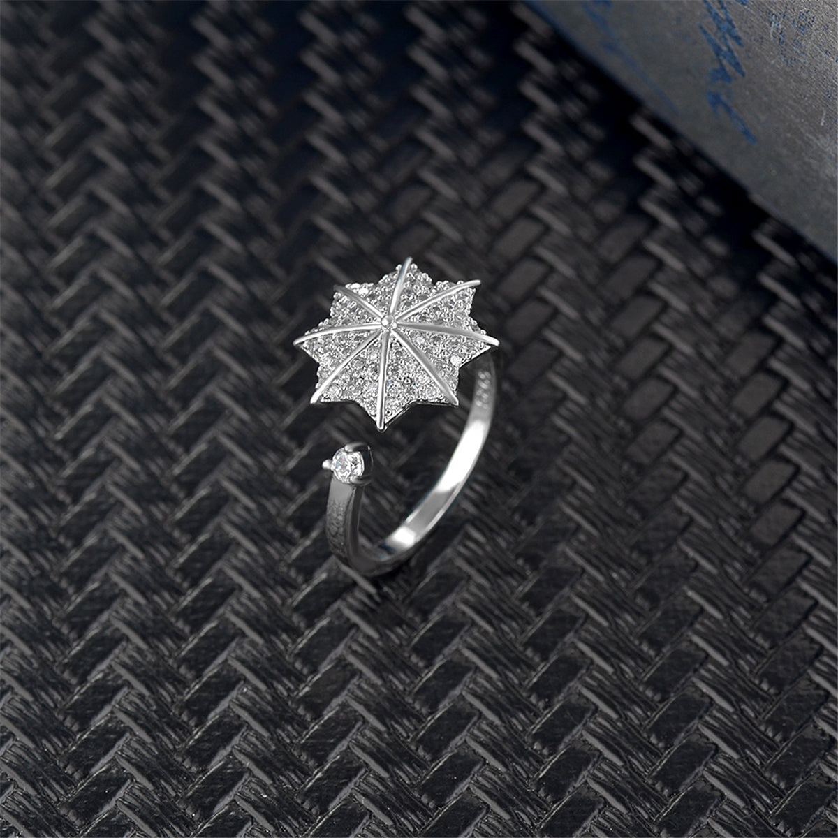 Cubic Zirconia and Silver-Plated Maple Leaf Bypass Ring, silver statement rings for women, detail close-up
