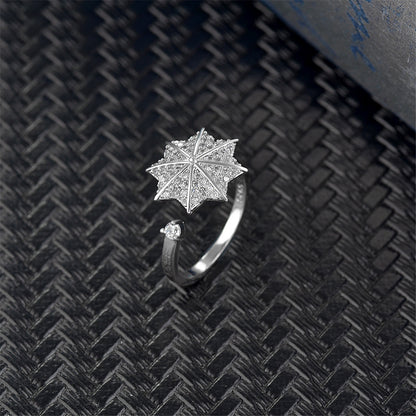 Cubic Zirconia and Silver-Plated Maple Leaf Bypass Ring, silver statement rings for women, detail close-up