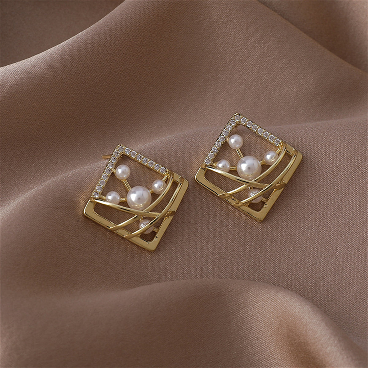 Pearl & Cubic Zirconia Pavé Abstract Square Stud Earrings