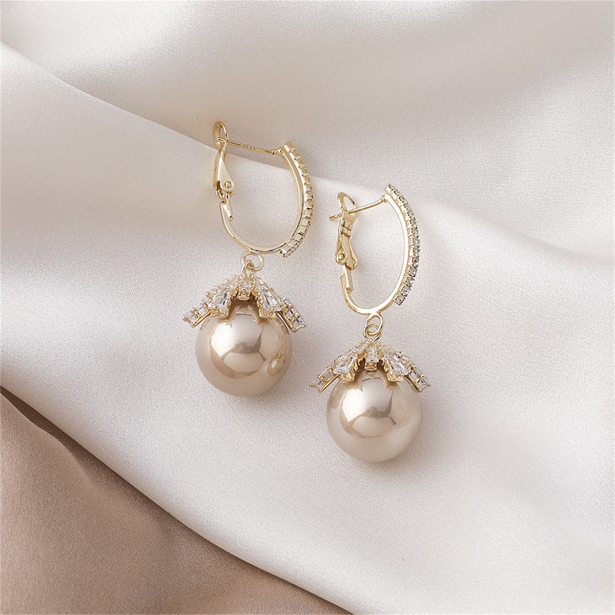 Champagne Pearl and 18K Gold-Plated Huggie Earrings, gold huggie earrings, everyday style, side view