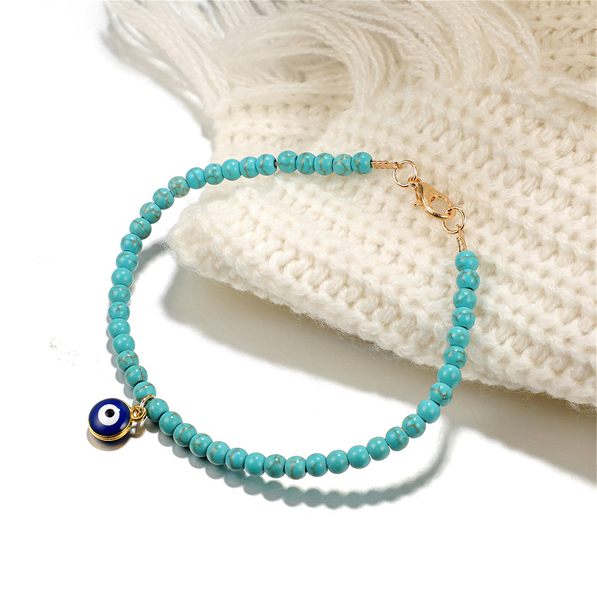 Turquoise and 18K Gold-Plated Beaded Anklet, gold anklet bracelet, botanical inspired, detail close-up