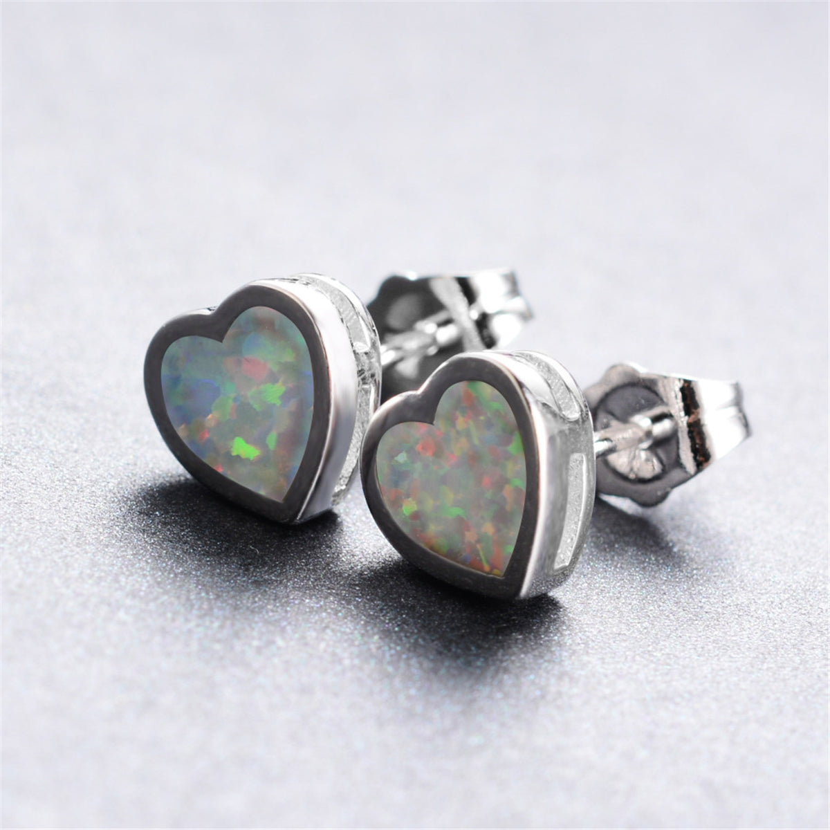 White Opal Bezel-Set Heart Stud Earrings