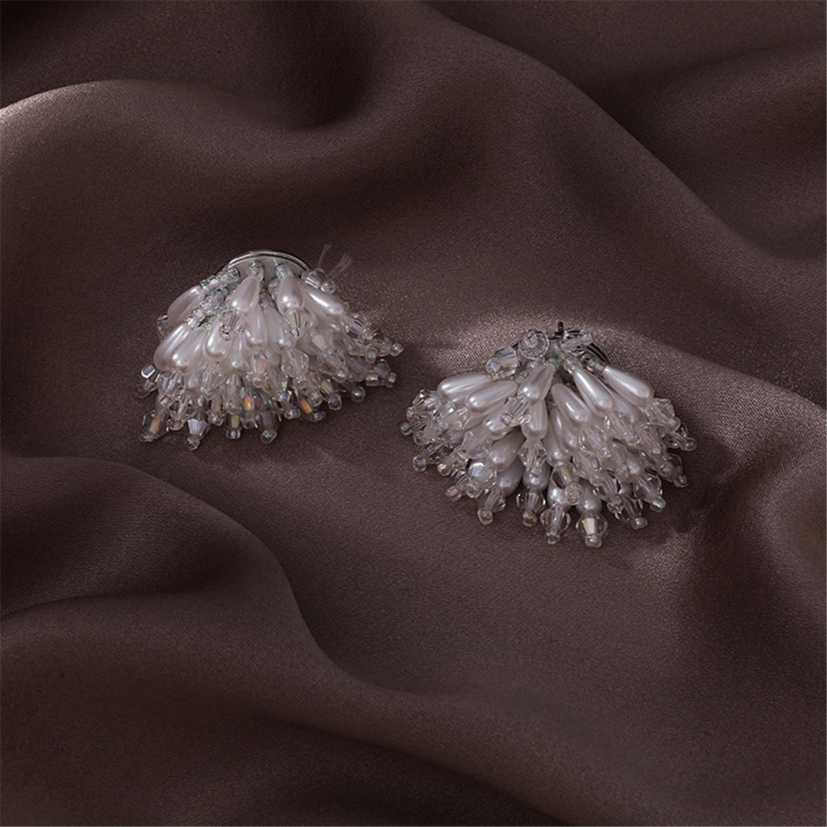 Pearl and Acrylic Silver-Plated Cluster Stud Earrings, silver stud earrings for women, everyday style, detail close-up