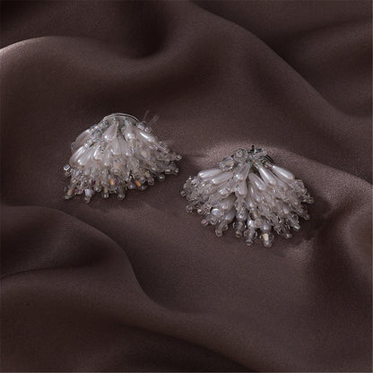 Pearl and Acrylic Silver-Plated Cluster Stud Earrings, silver stud earrings for women, everyday style, detail close-up