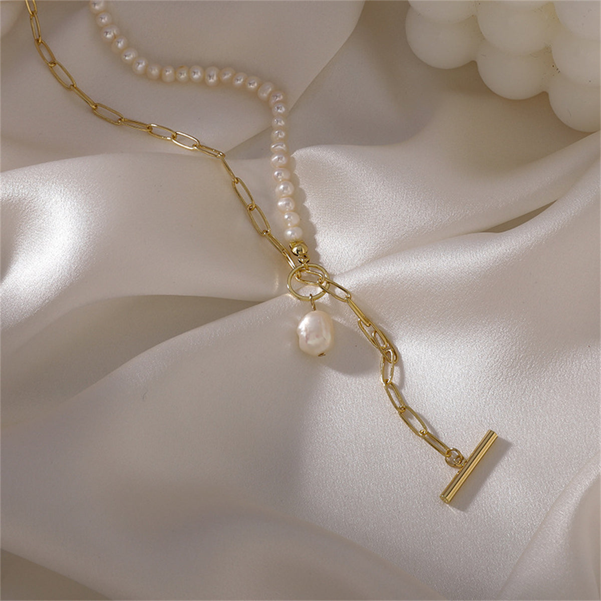 Pearl & 18K Gold-Plated Paperclip-Chain Lariat Necklace