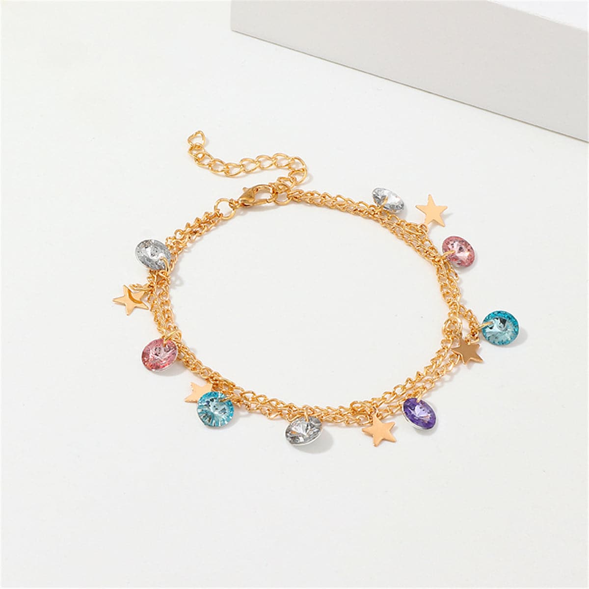 Colored Crystal & 18K Gold-Plated Star Layered Station Anklet