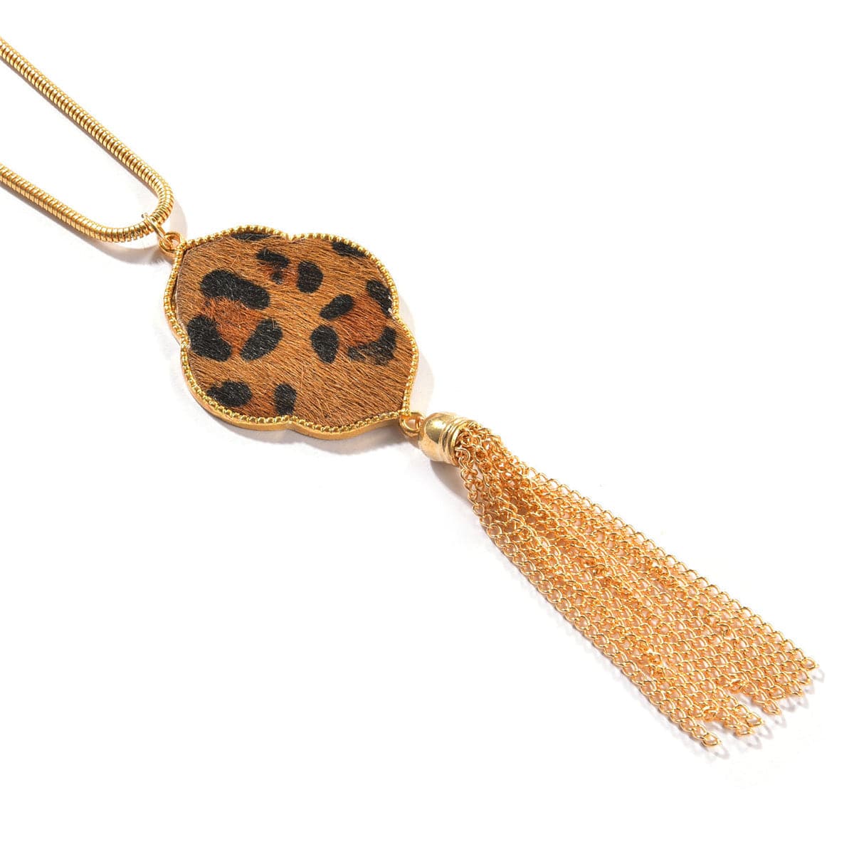 Tan Polyurethane & 18K Gold-Plated Leopard Lattice Tassel Pendant Necklace