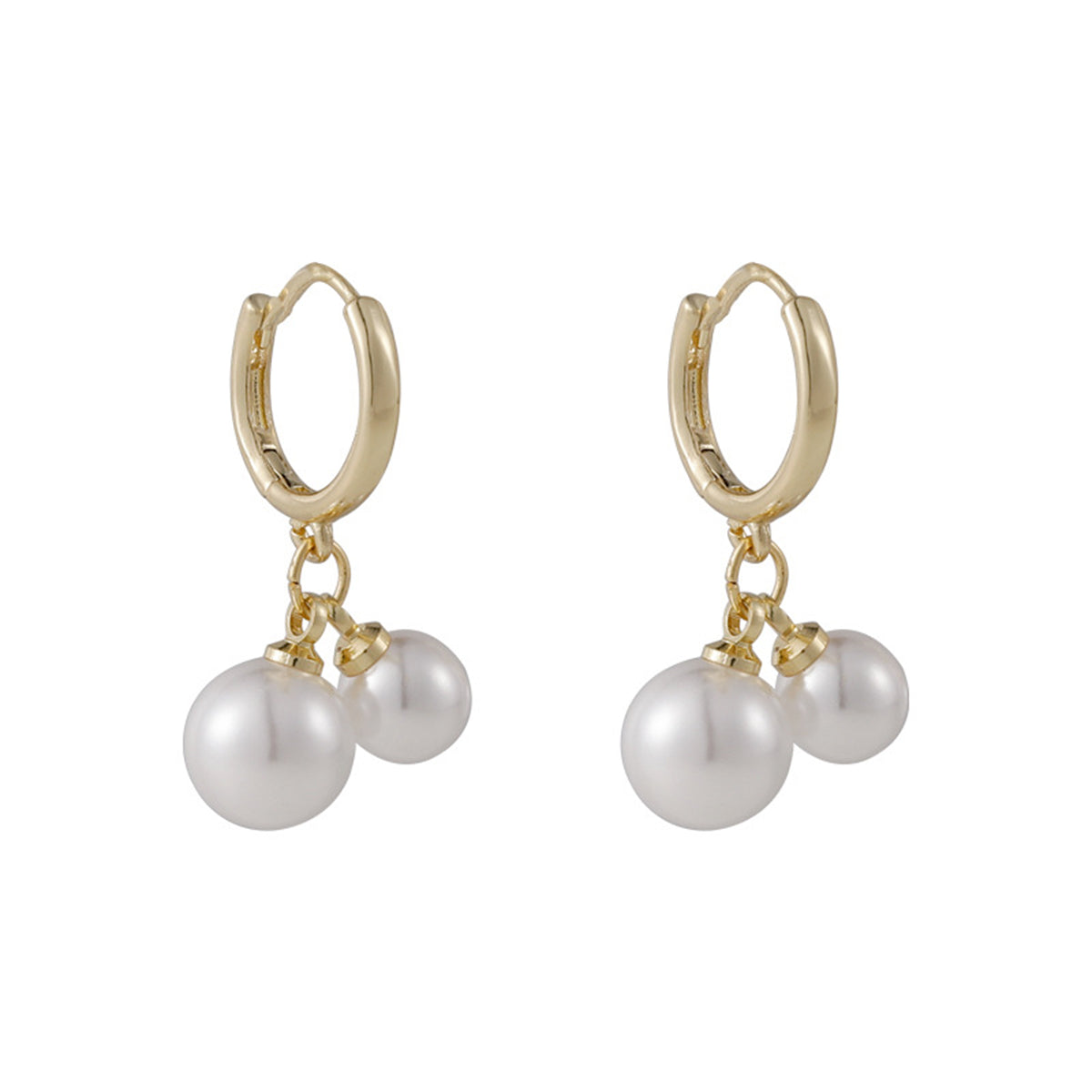 Pearl and 18K Gold-Plated Double Charm Drop Earrings, gold huggie earrings, elegant gift for her, front view