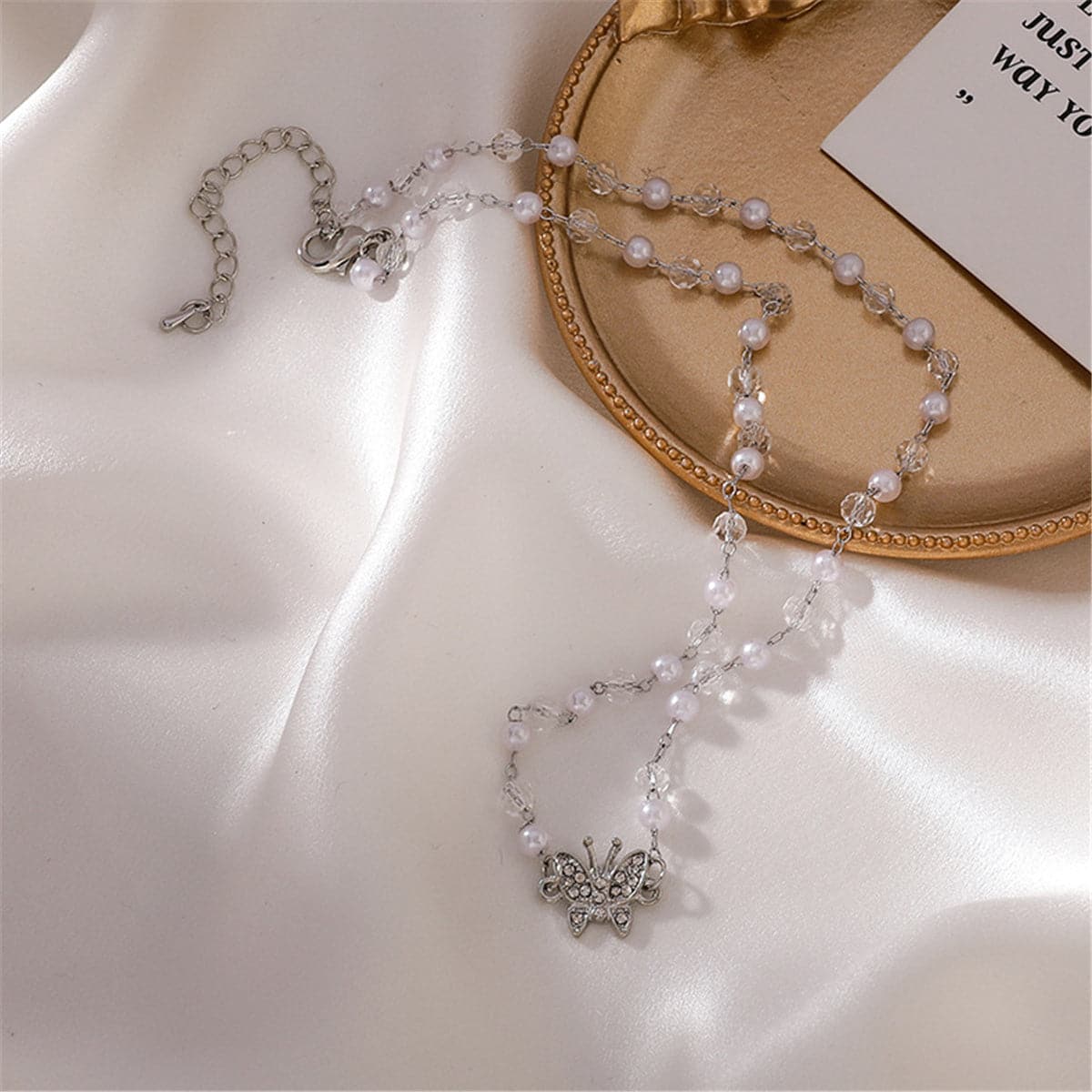 Cubic Zirconia & Pearl  Silver-Plated Butterfly Station Pendant Necklace