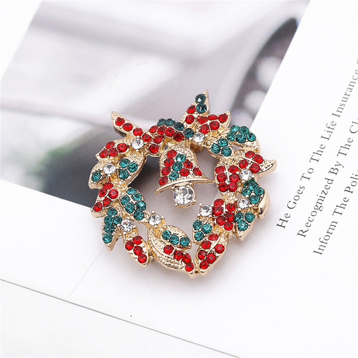 Green and Red Cubic Zirconia 18K Gold-Plated Bell Heart Wreath Brooch, gold brooch pin, everyday style, front view