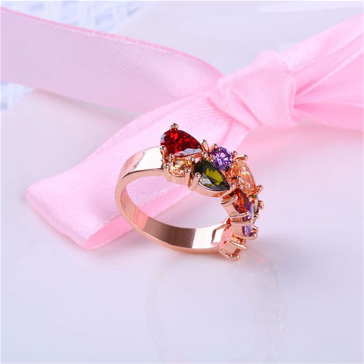 Crystal & 18K Rose Gold-Plated Pear-Cut Cluster Ring