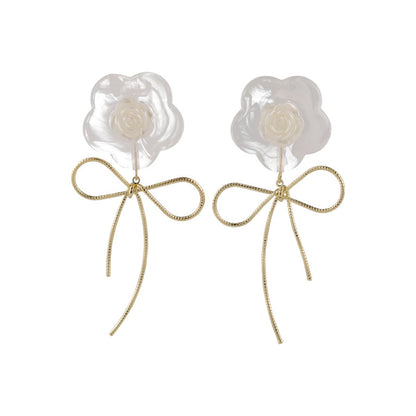 White Resin and 18K Gold-Plated Flower Bow Drop Earrings, gold drop earrings for women, everyday style, styled look