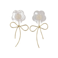 White & Goldtone Flower Bow Drop Earrings
