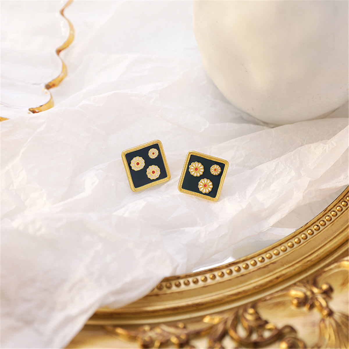 Black Enamel and 18K Gold-Plated Three Mums Square Stud Earrings, gold stud earrings for women, front view