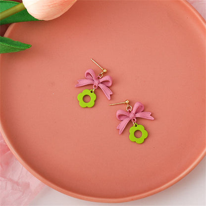 Green Enamel and 18K Gold-Plated Bow and Flower Drop Earrings, gold drop earrings for women, botanical inspired, front view