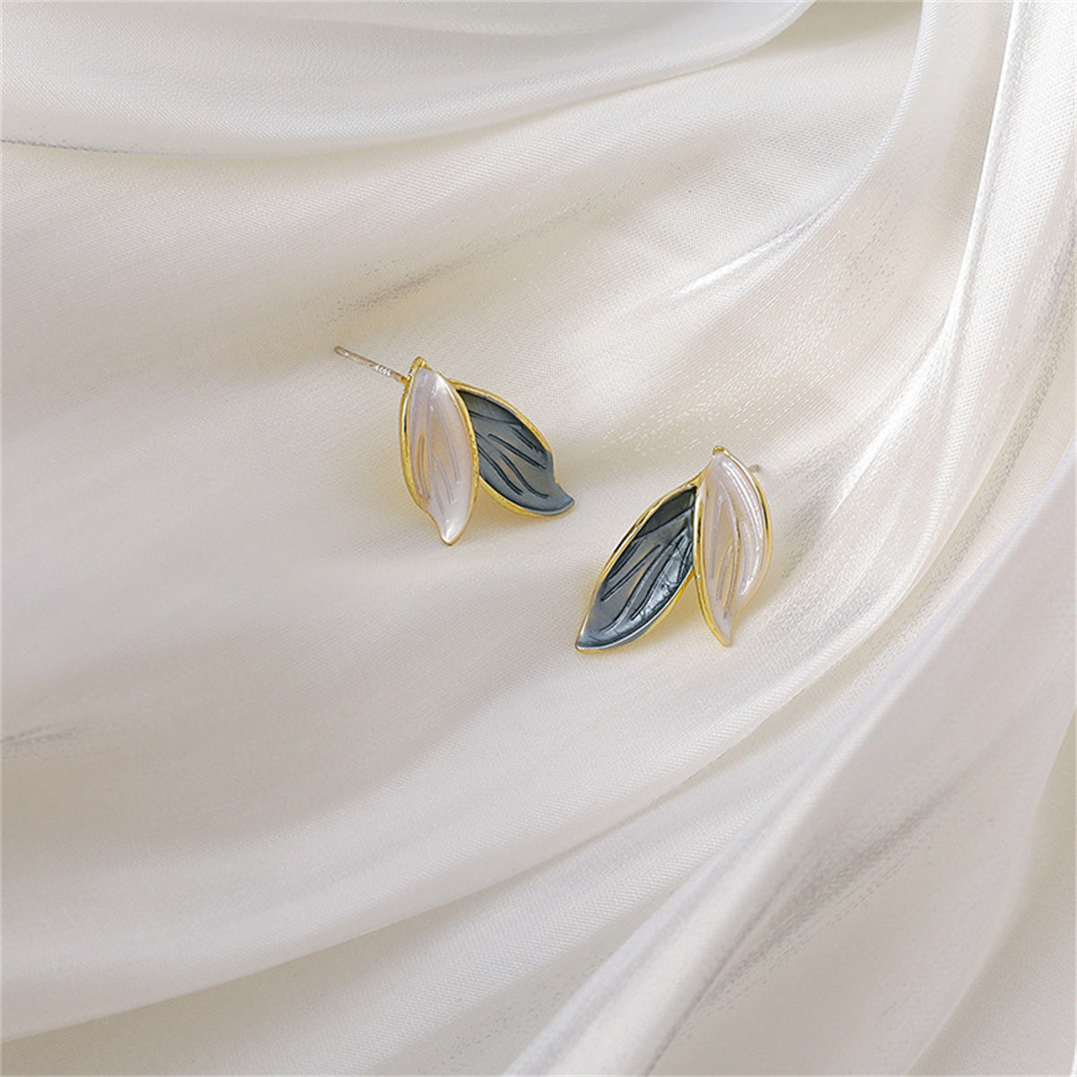 Enamel and 18K Gold-Plated Leaves Stud Earrings, gold stud earrings for women, everyday style, styled look