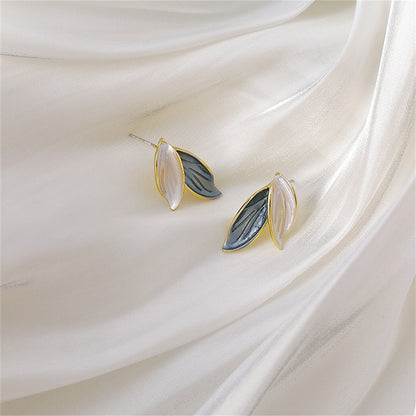 Enamel and 18K Gold-Plated Leaves Stud Earrings, gold stud earrings for women, everyday style, styled look