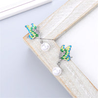 Green & Imitation Pearl Butterfly Drop Earrings