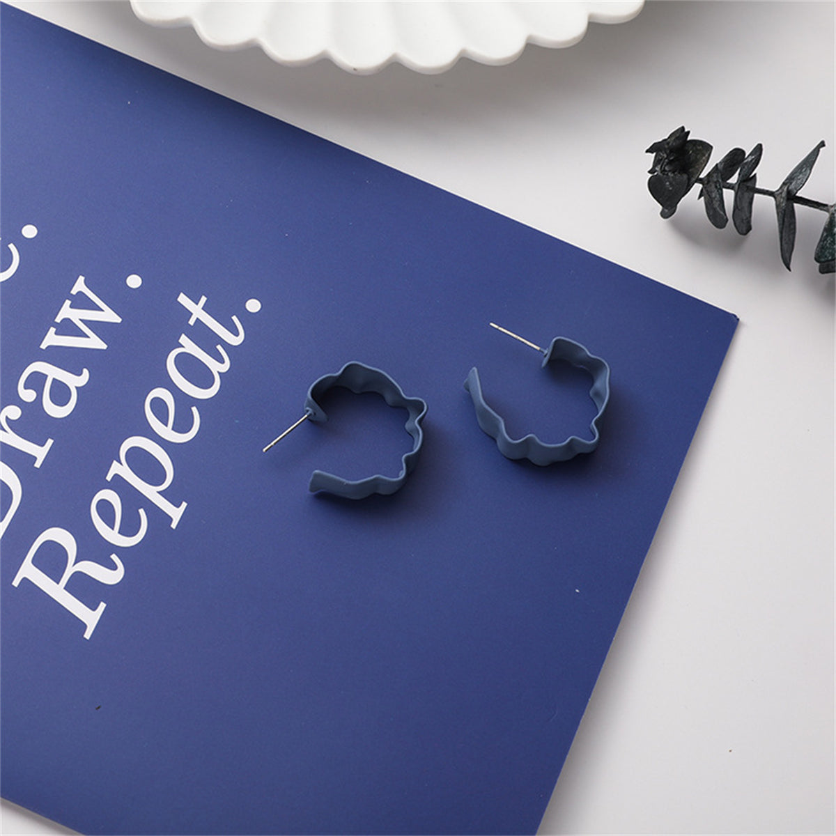 Blue Enamel & Silver-Plated Wave Huggie Earrings