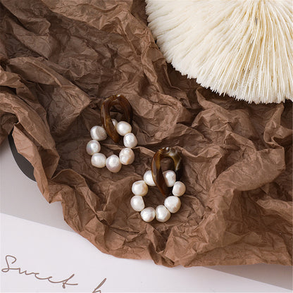Pearl and Brown Resin Silver-Plated Beaded Drop Earrings, silver drop earrings for women, elegant gift for her, styled look