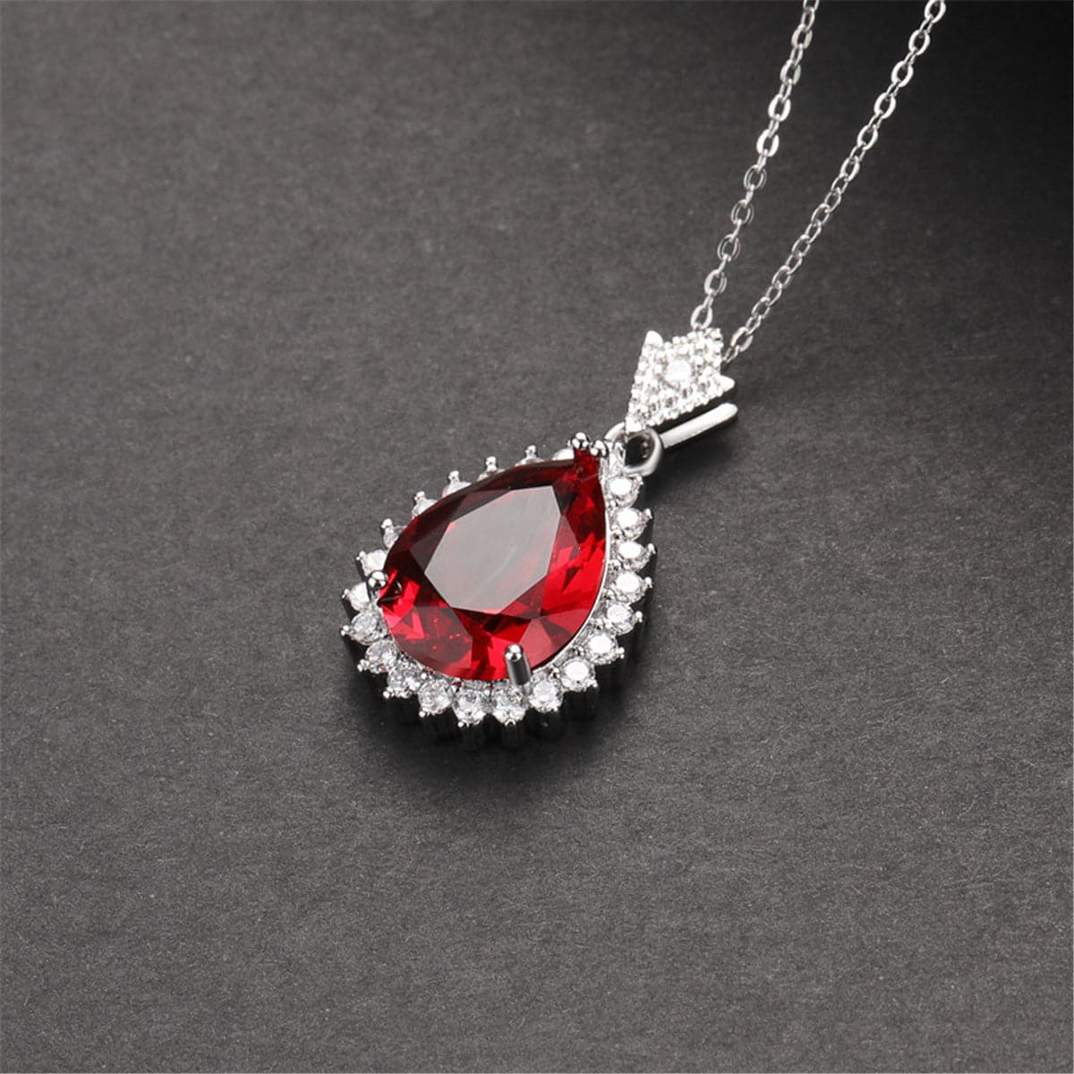 Red Crystal & Cubic Zirconia Pear Cut Halo Pendant Necklace