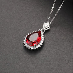 Red Crystal & Cubic Zirconia Pear Cut Halo Pendant Necklace
