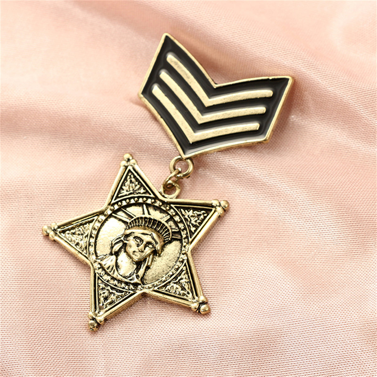 18K Gold-Plated Lady Liberty Star Chevron Drop Brooch