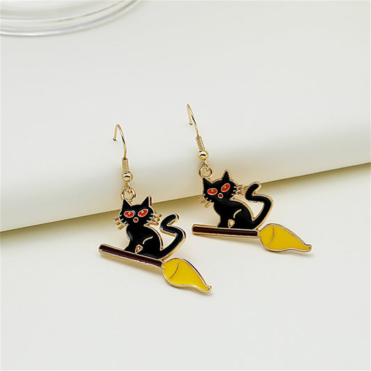 Red Enamel and 18K Gold-Plated Broom Cat Drop Earrings, gold drop earrings for women, everyday style, front view