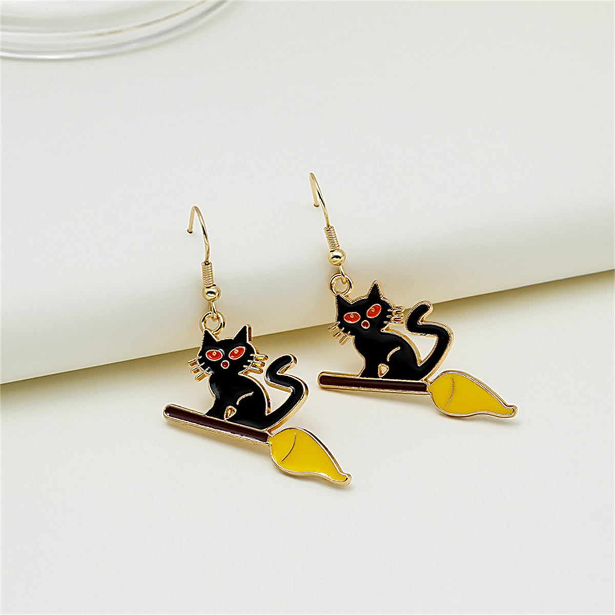 Red Enamel & 18K Gold-Plated Broom Cat Drop Earrings