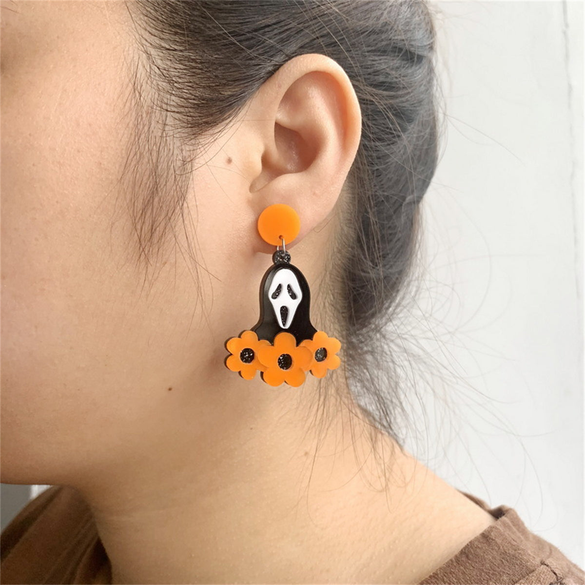 Orange Acrylic and 18K Gold-Plated Flower Ghost Drop Earrings, gold drop earrings for women, detail close-up