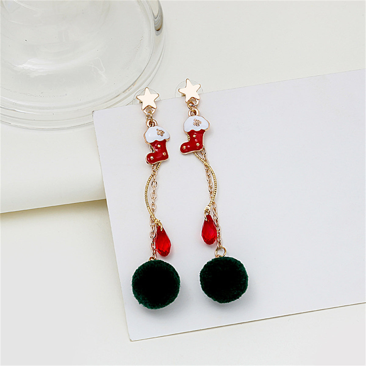 Crystal and Enamel 18K Gold-Plated Star and Boot Pom-Pom Drop Earrings, gold drop earrings for women, side view