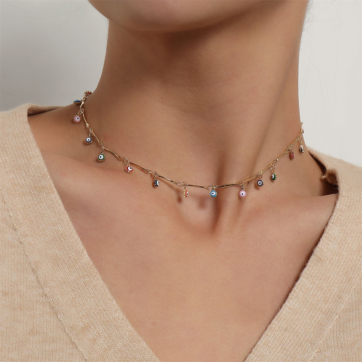 Multicolor Enamel and 18K Gold-Plated Evil Eye Station Choker Necklace, gold pendant necklace for women, detail close-up