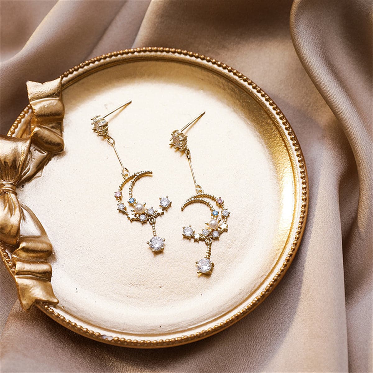 Cubic Zirconia & Pearl 18K Gold-Plated Celestial Drop Earrings