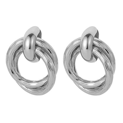 Silver-Plated Double Circle Interlocked Stud Earrings, silver drop earrings for women, vintage-inspired design, side view