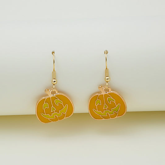 Orange Enamel and 18K Gold-Plated Pumpkin Drop Earrings, gold drop earrings for women, botanical inspired, front view