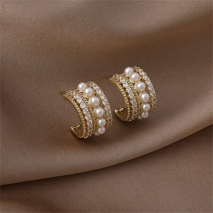 Pearl and Cubic Zirconia Huggie Earrings, huggie earrings, everyday style, styled look
