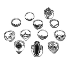 Black Resin & Silver-Plated Lotus Elephant Cross Ring Set