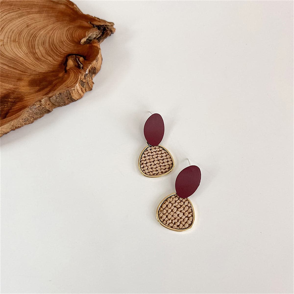 Brown Polystyrene & 18K Gold-Plated Woven Tiered Oval Drop Earrings