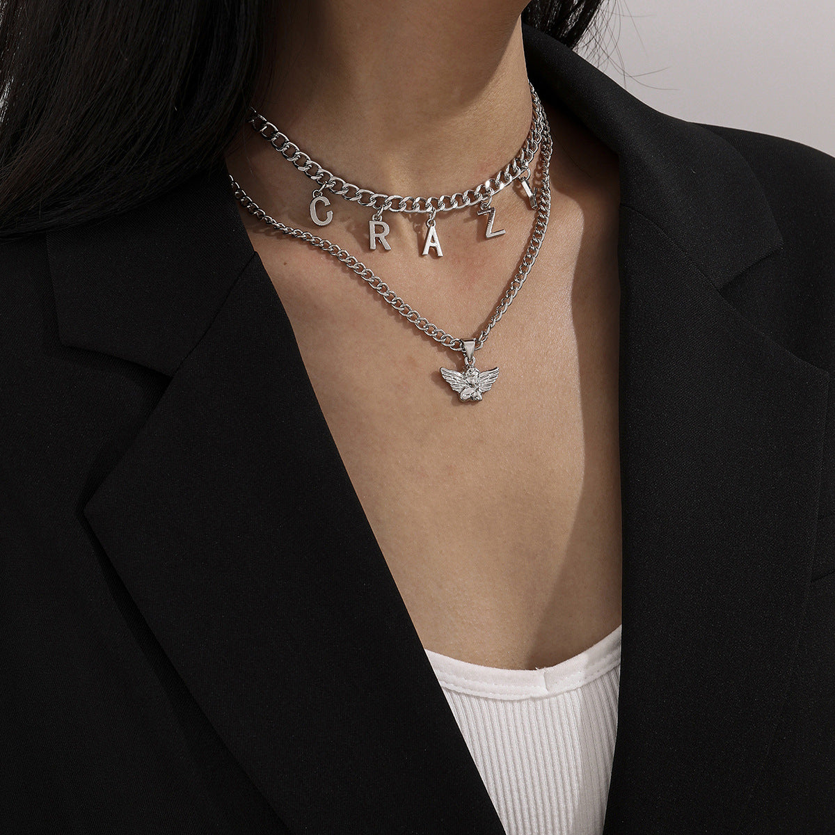 Silver-Plated 'Crazy' Angel Pendant Necklace Set