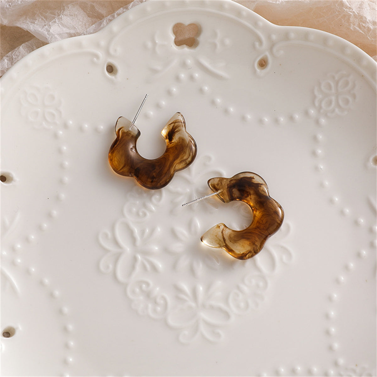 Amber Acrylic and Silver-Plated Flower Stud Earring, silver stud earrings for women, botanical inspired, styled look