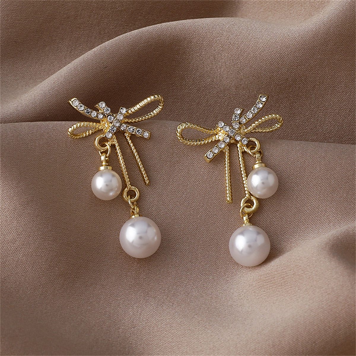 Cubic Zirconia & Pearl 18K Gold-Plated Bow Ribbon Drop Earrings
