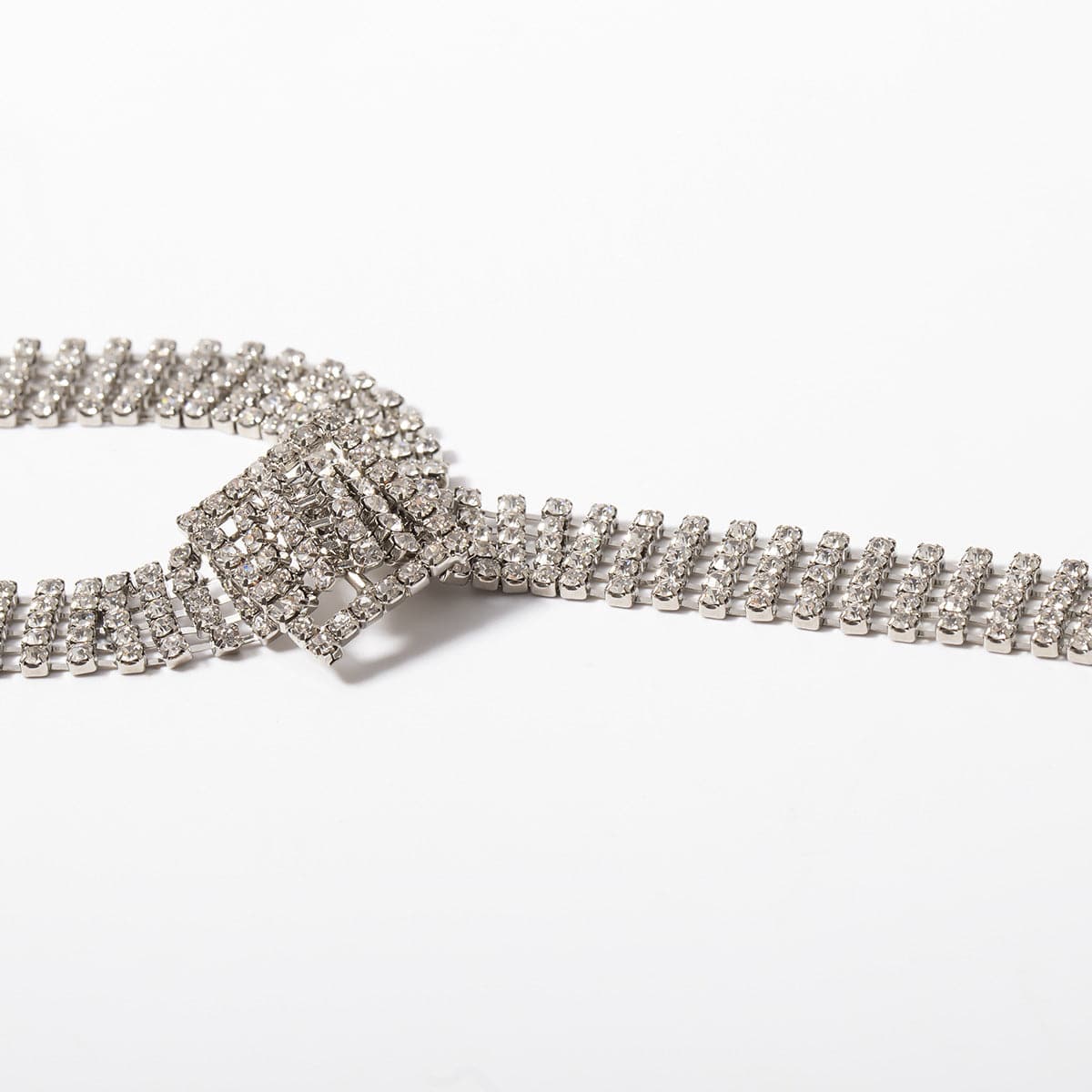 Cubic Zirconia and Silver-Plated Belt Choker Necklace, chunky silver choker necklace, botanical inspired, detail close-up