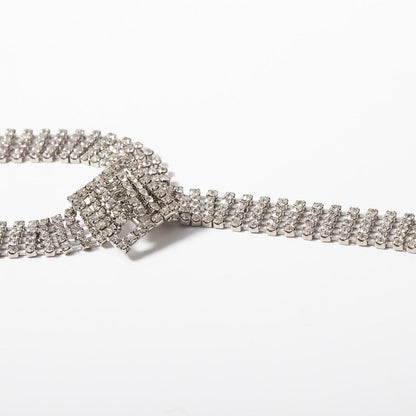 Cubic Zirconia and Silver-Plated Belt Choker Necklace, chunky silver choker necklace, botanical inspired, detail close-up