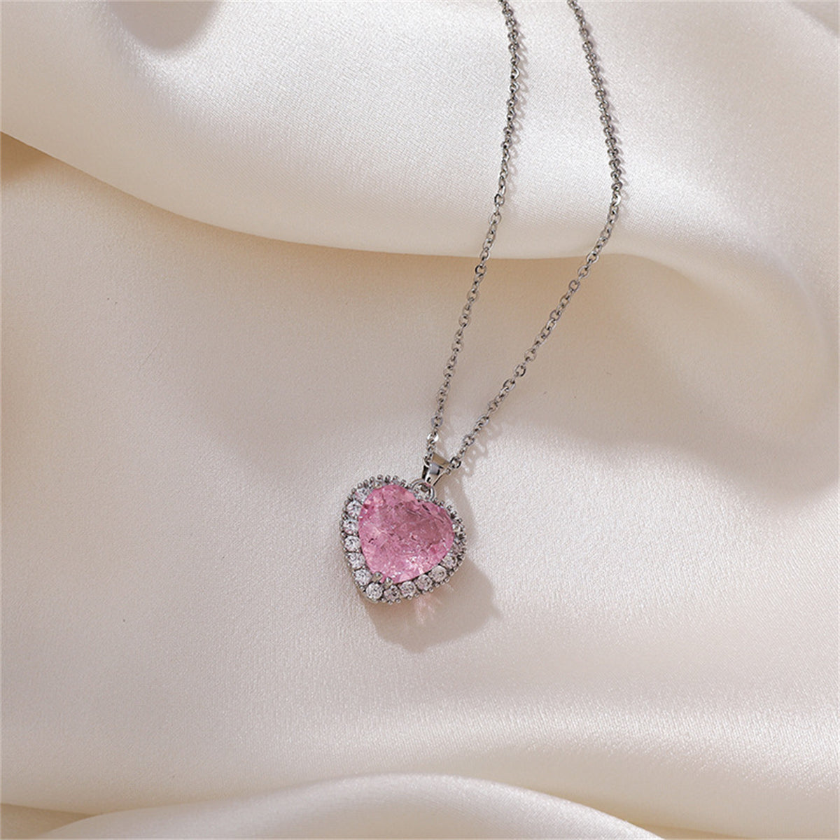 Pink Crystal & Cubic Zirconia Heart Hola Pendant Necklace
