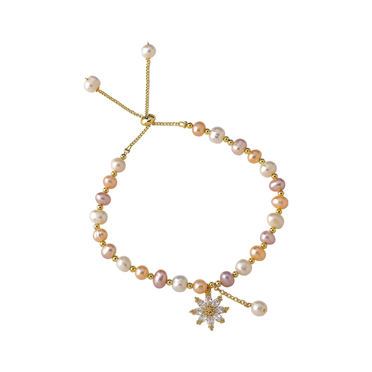 Pink Pearl & Cubic Zirconia Floral Adjustable Charm Bracelet
