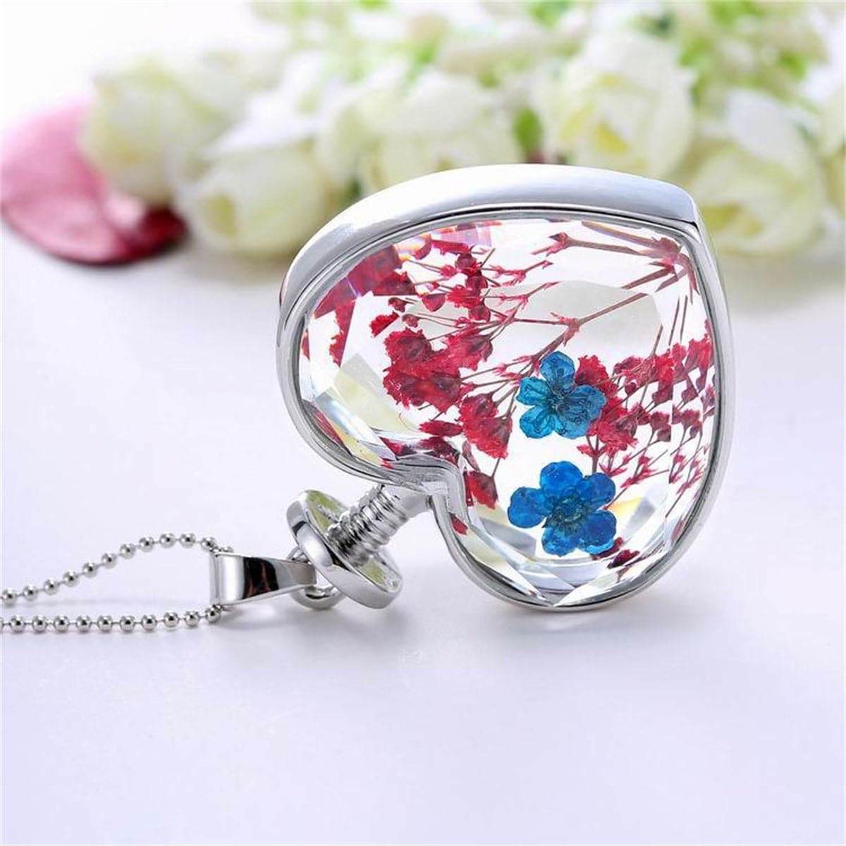Blue Pressed Peach Blossom & Silver-Plated Heart Pendant Necklace